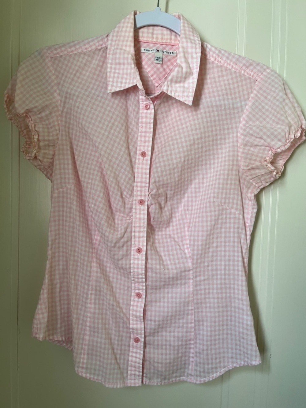 Vintage Pink Gingham Button Down Shirt Tommy Hilfiger Puff Sleeves Gathers Sz S
